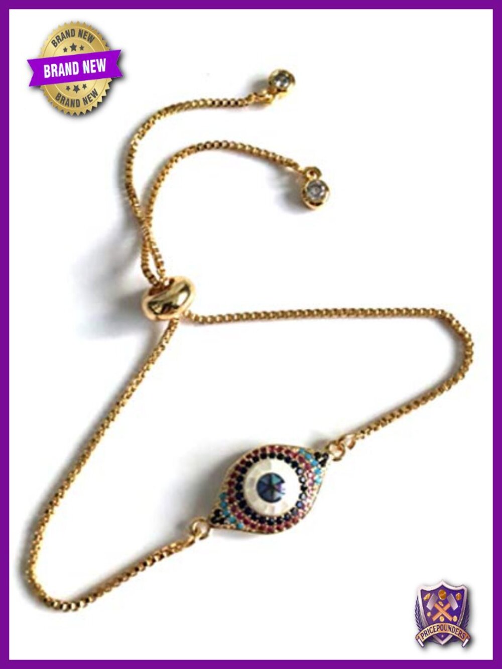 Adjustable Gold Plated Cubic Zirconia Evil Eye Bracelet Charm Chain